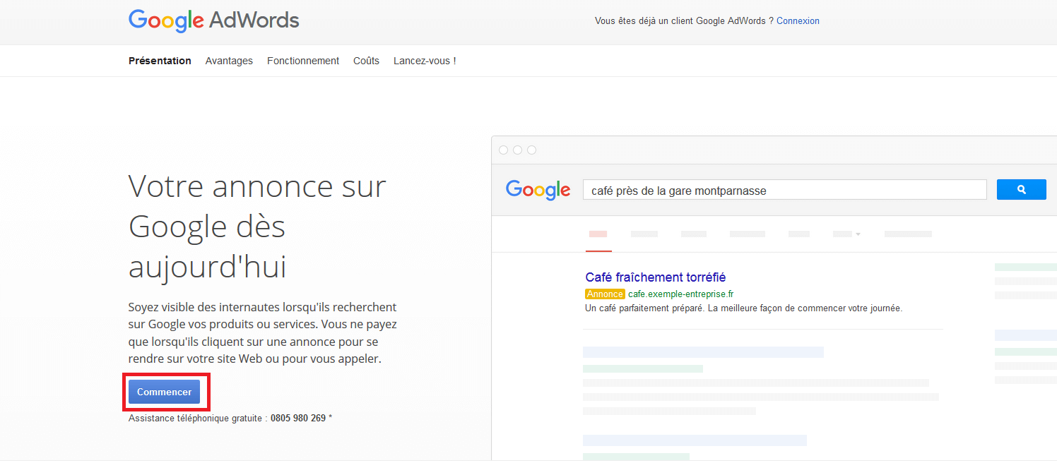 creer campagne adwords page accueil