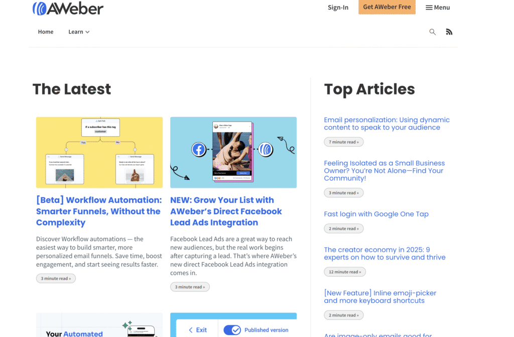 Page d'accueil d'AWeber avec articles récents.