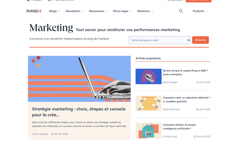 Page d'accueil du blog marketing HubSpot