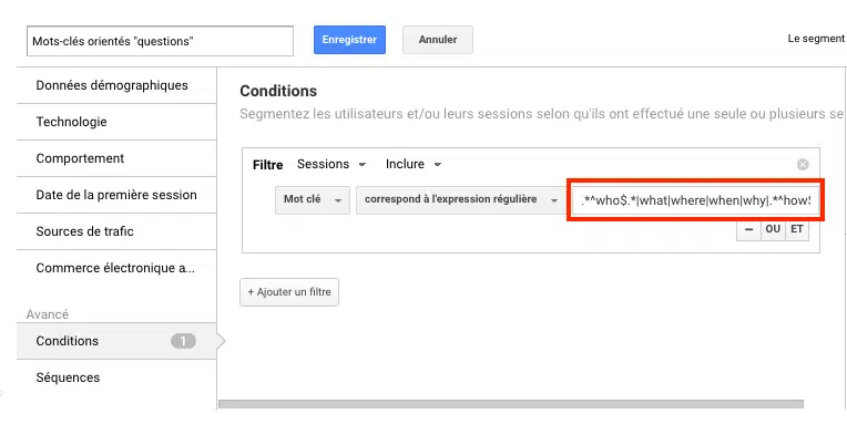 segments personnalises google analytics mots cles questions