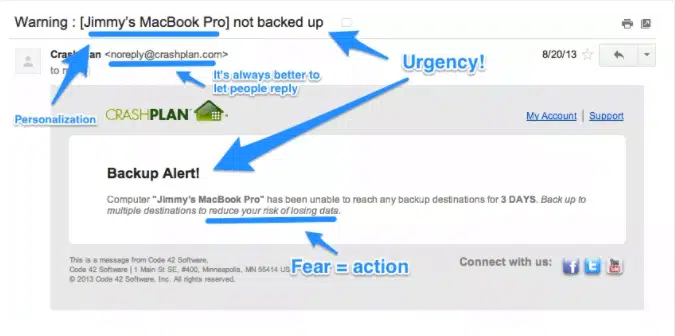 exemples emails notification crashplan