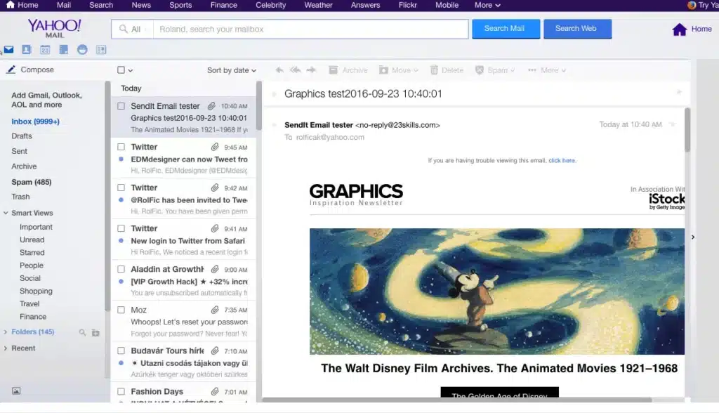 Interface de messagerie Yahoo Mail avec emails récents.