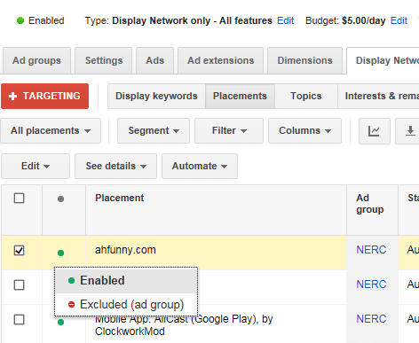 campagnes google display network exclude