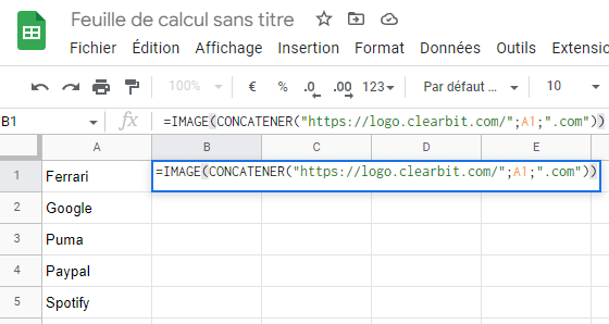 Feuille de calcul Google avec formule IMAGE affichée.