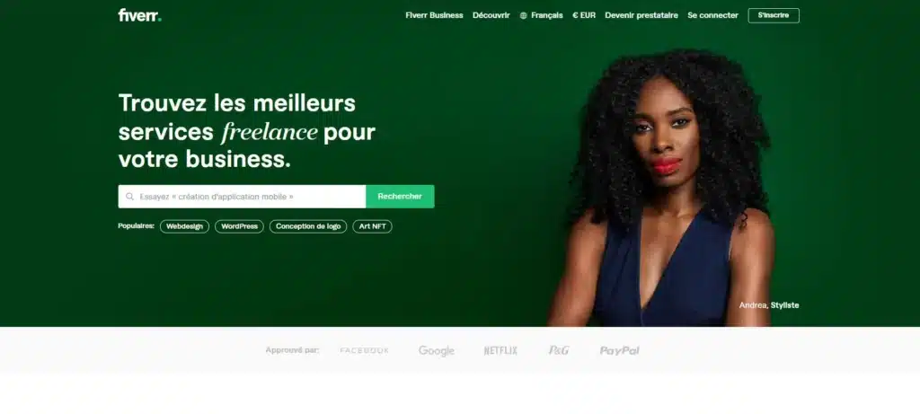 Fiverr services freelance pour entreprises, femme en arrière-plan.