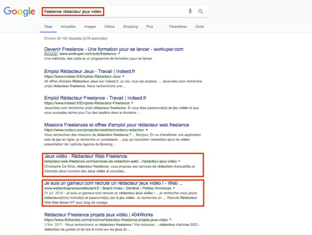 Résultats Google recherche freelance rédacteur jeux vidéo