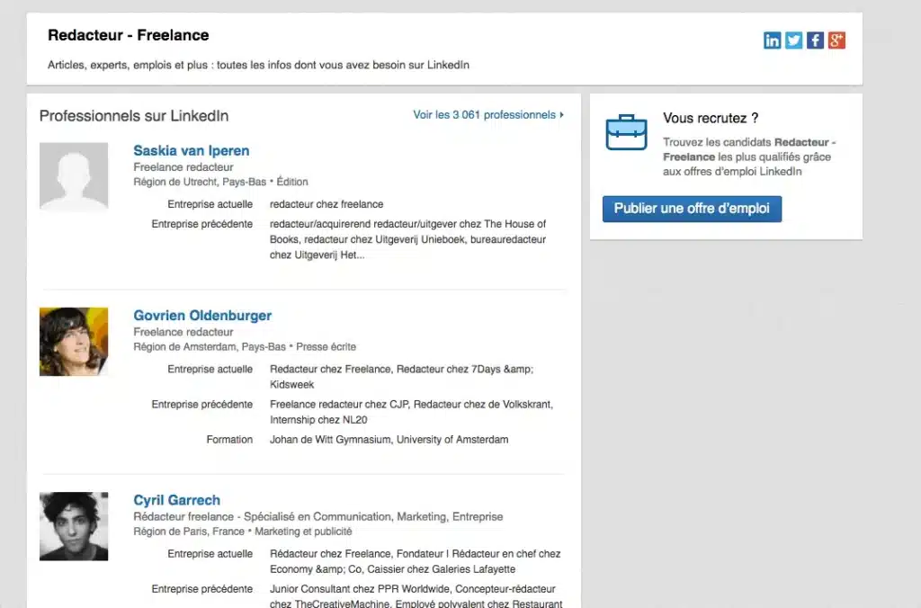 Profils de rédacteurs freelance sur LinkedIn.