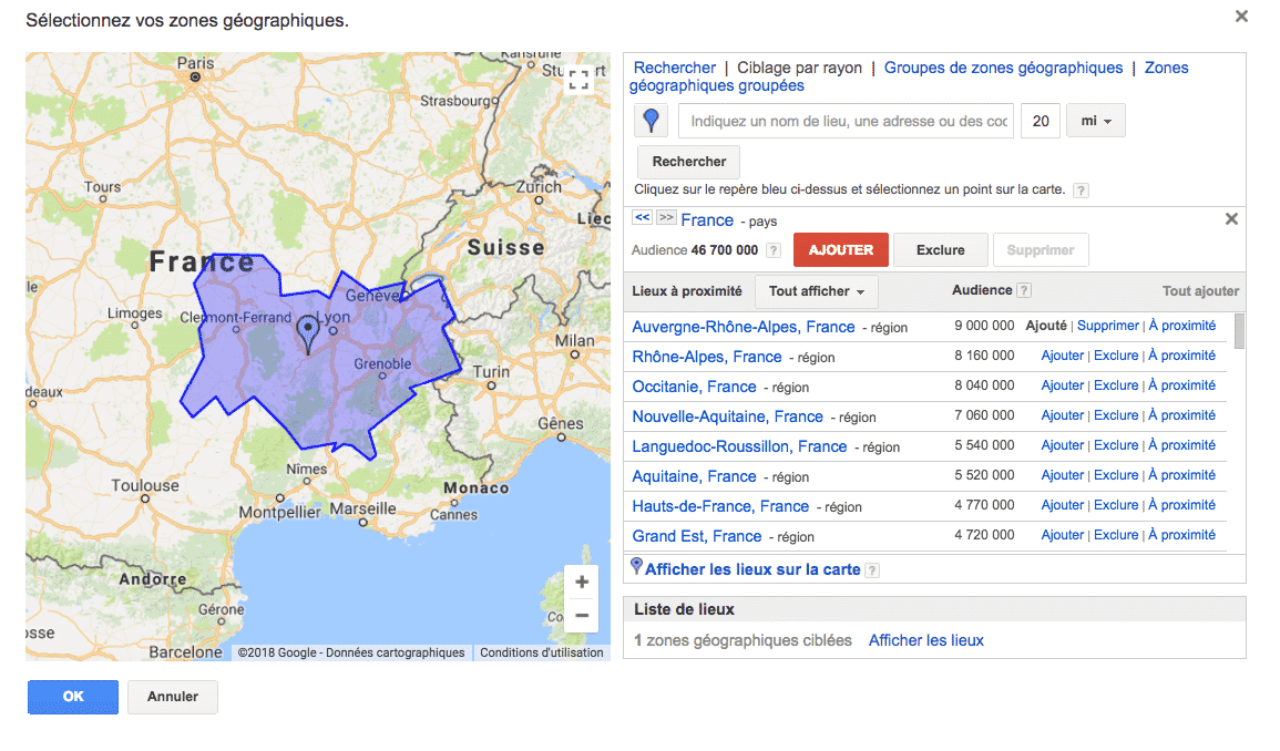 cout campagne google adwords zone geographique