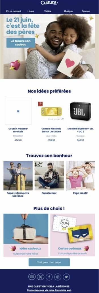 Publicité pour la fête des pères avec idées cadeaux.