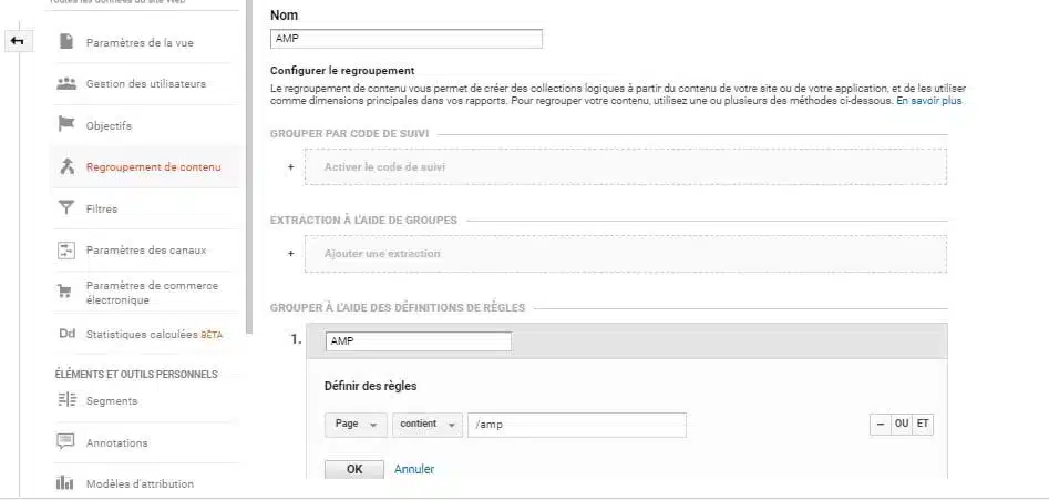 Configuration regroupement de contenu Google Analytics