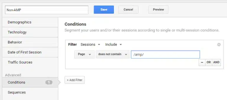 Configuration de filtres pour sessions non-AMP dans Analytics.