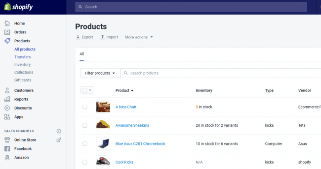 shopify interface gestion