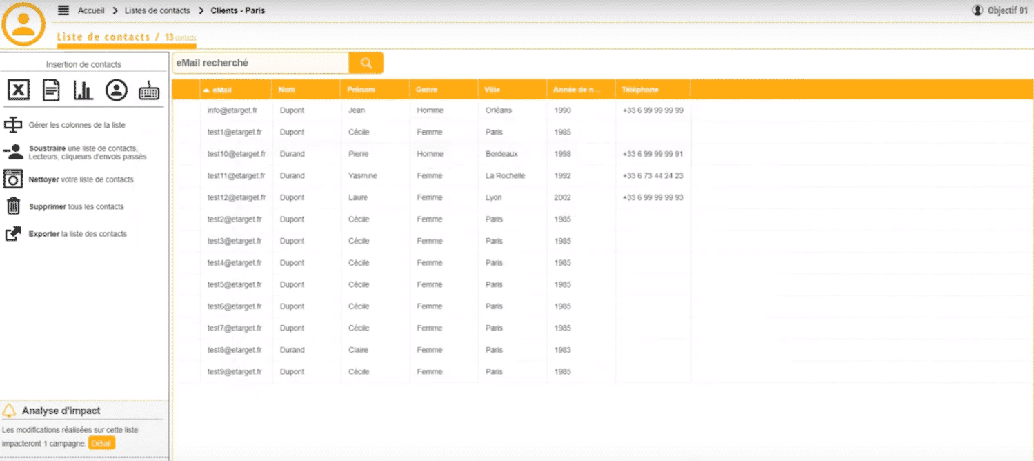 etarget liste contact