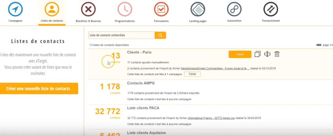 etarget liste contacts