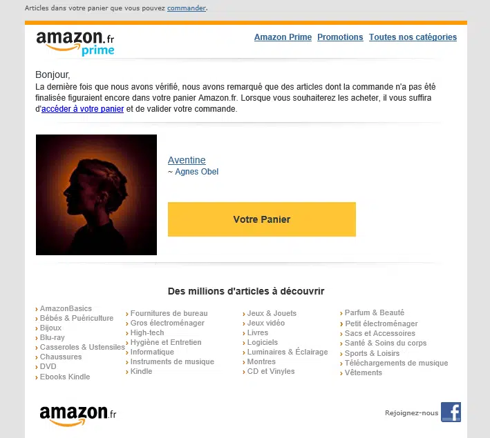 exemple d'email relance de panier abandonné amazon