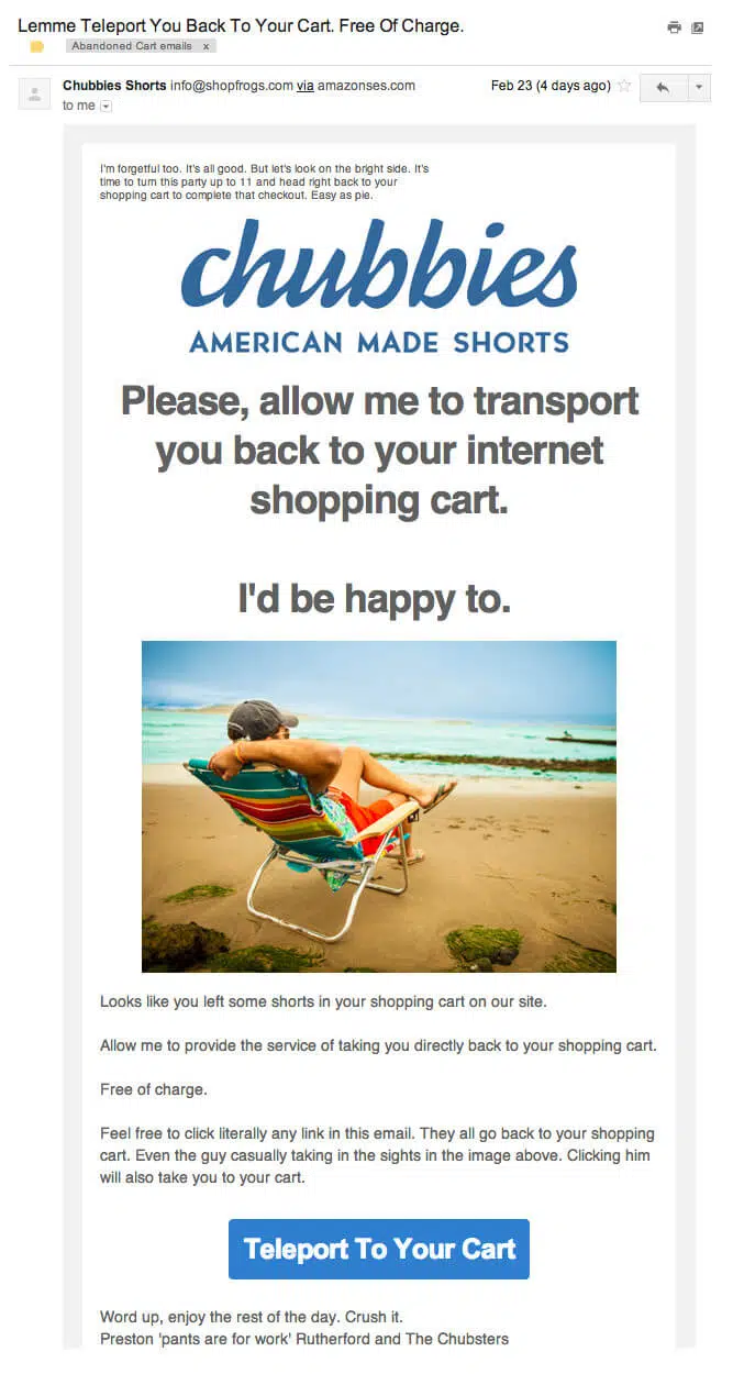 exemple d'email relance de panier abandonné chubbies shorts