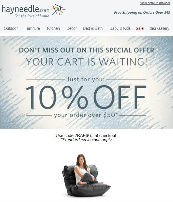 exemple d'email relance de panier abandonné hayneedle