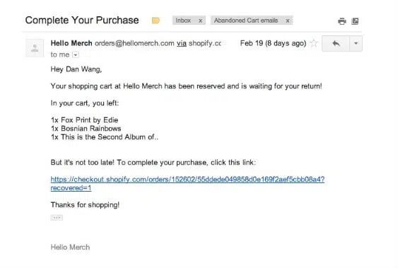 exemple d'email relance de panier abandonné hello merch