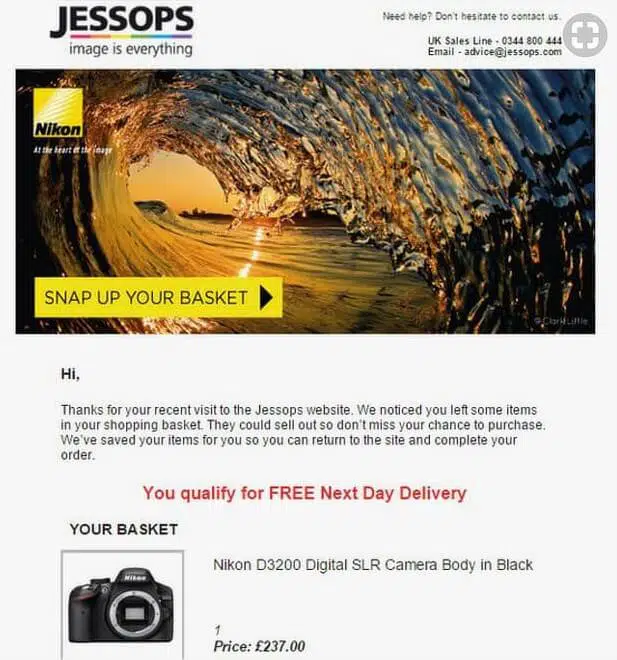 exemple d'email relance de panier abandonné jessops