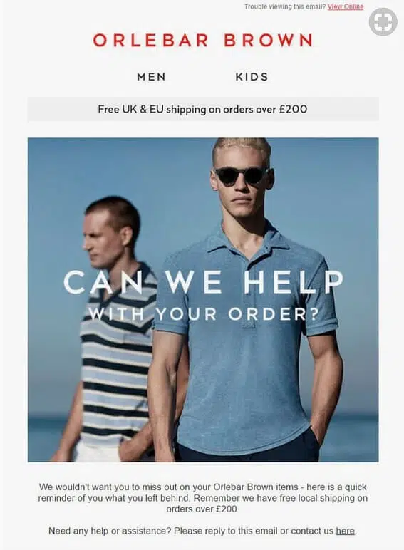exemple d'email relance de panier abandonné orlebar brown
