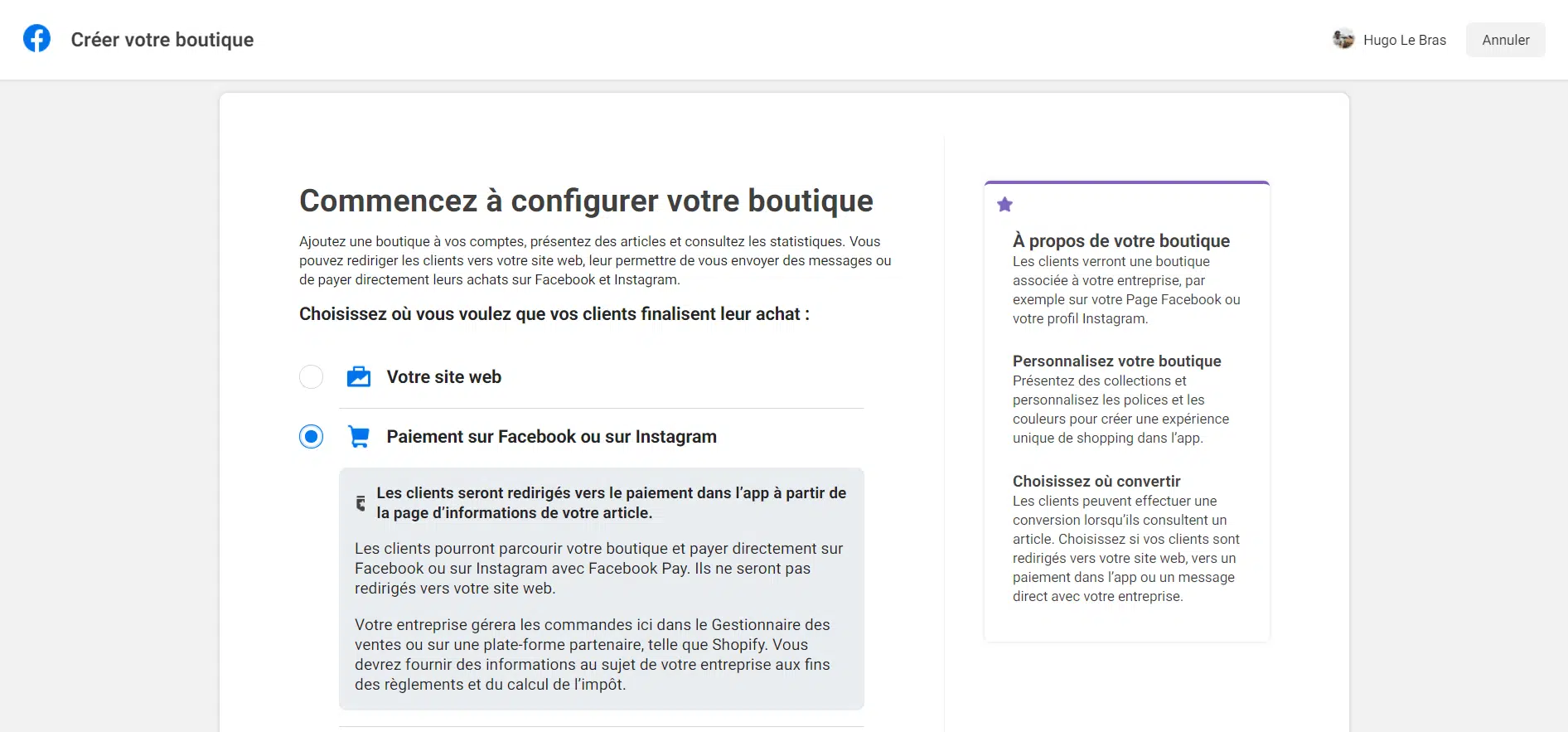 Facebook shop Paiement