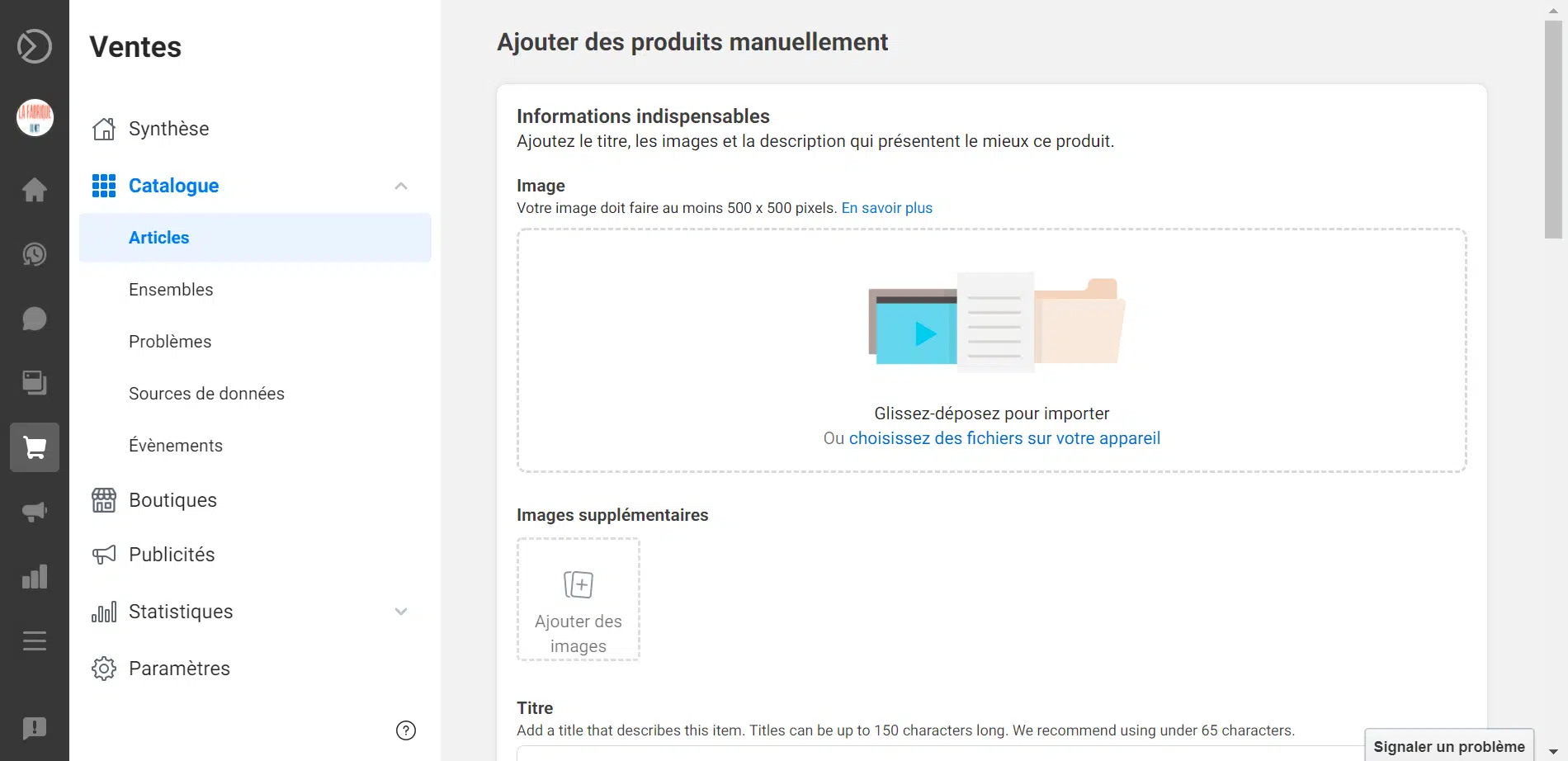 facebook shops ajouter produit manuellement