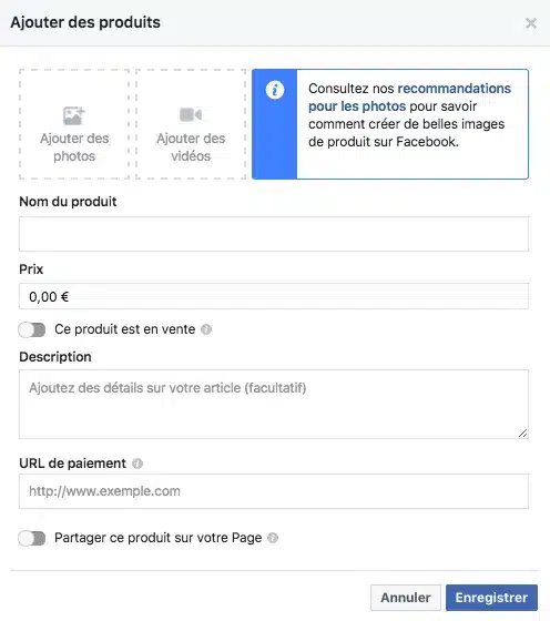Interface ajout de produit sur Facebook