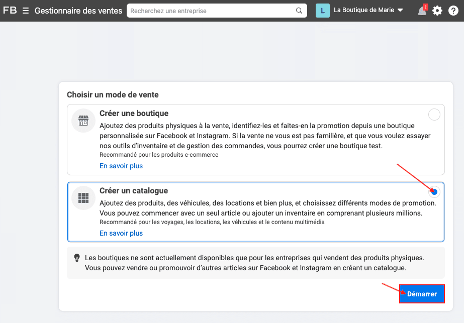 Capture d'écran du gestionnaire des ventes Facebook.