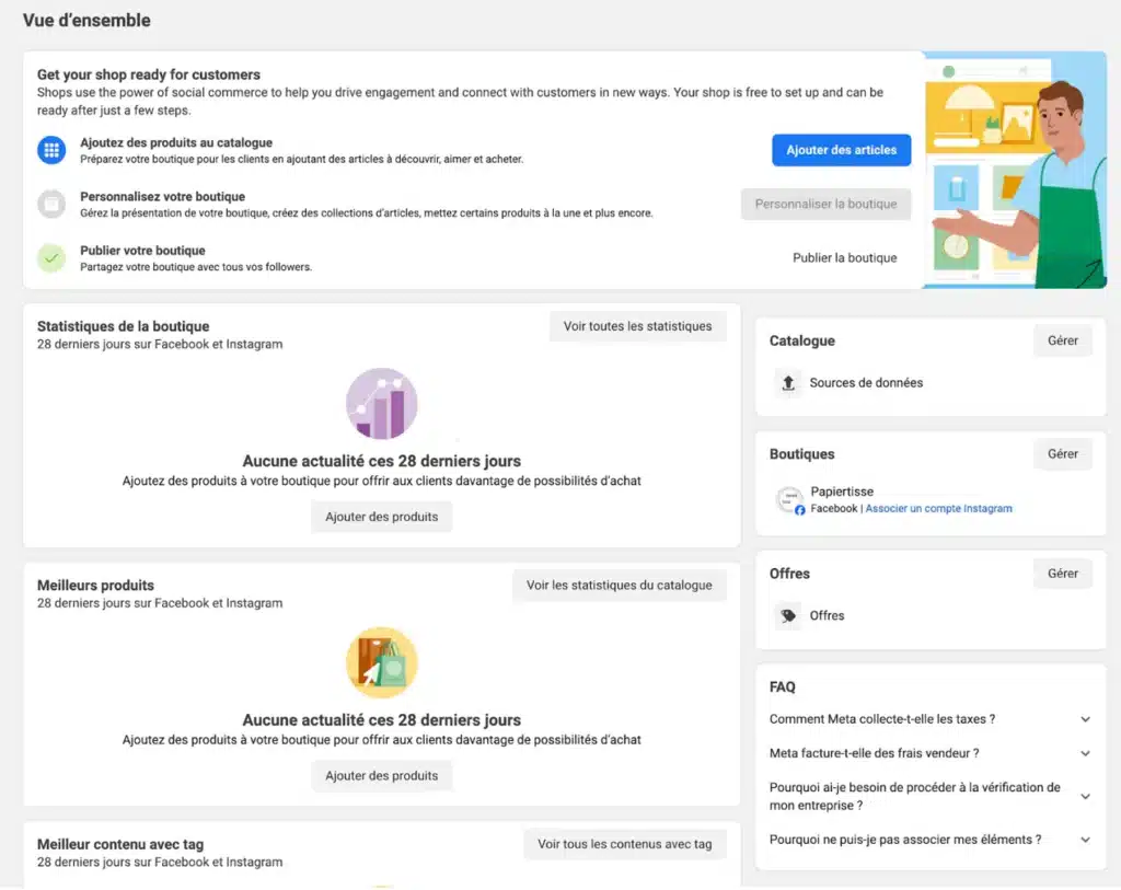 Interface de gestion de boutique en ligne sur Facebook.