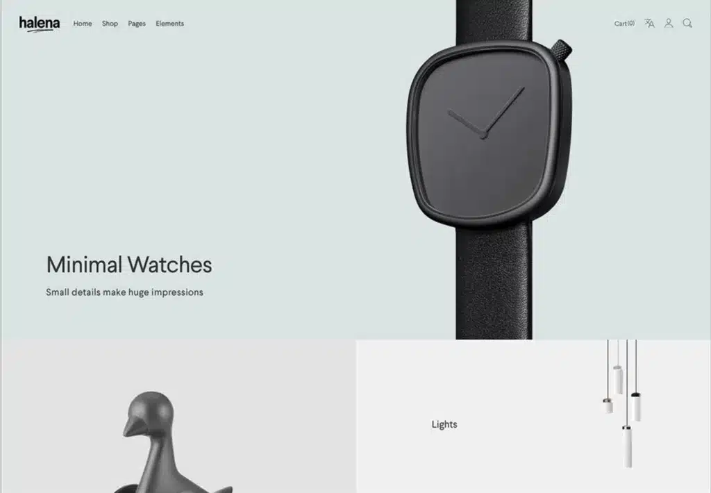 Page produit montres et décorations minimalistes.