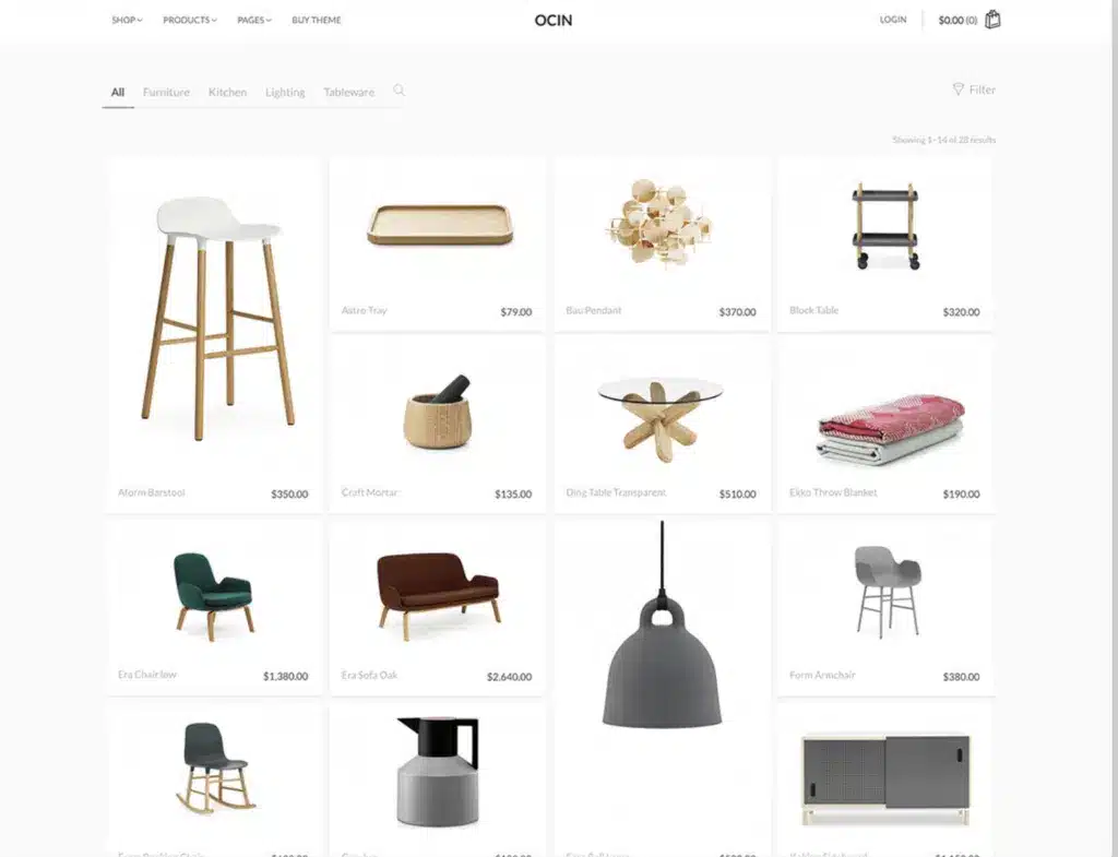 Page de produits de meubles modernes en ligne.