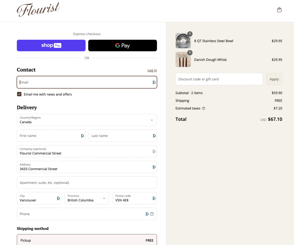 Page de paiement en ligne pour articles de cuisine.