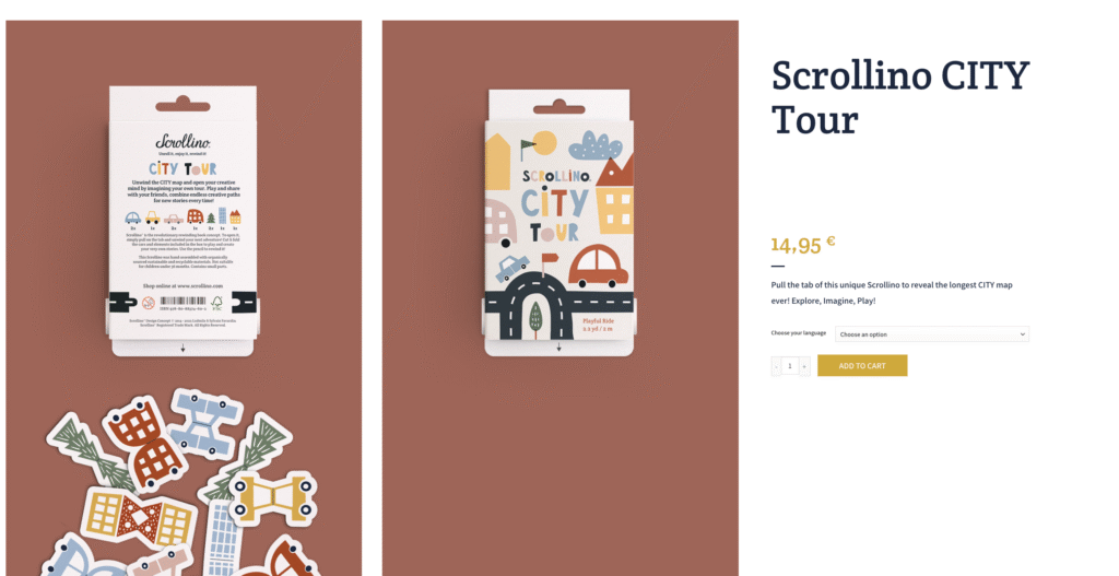 Packaging Scrollino CITY Tour sur fond rouge.