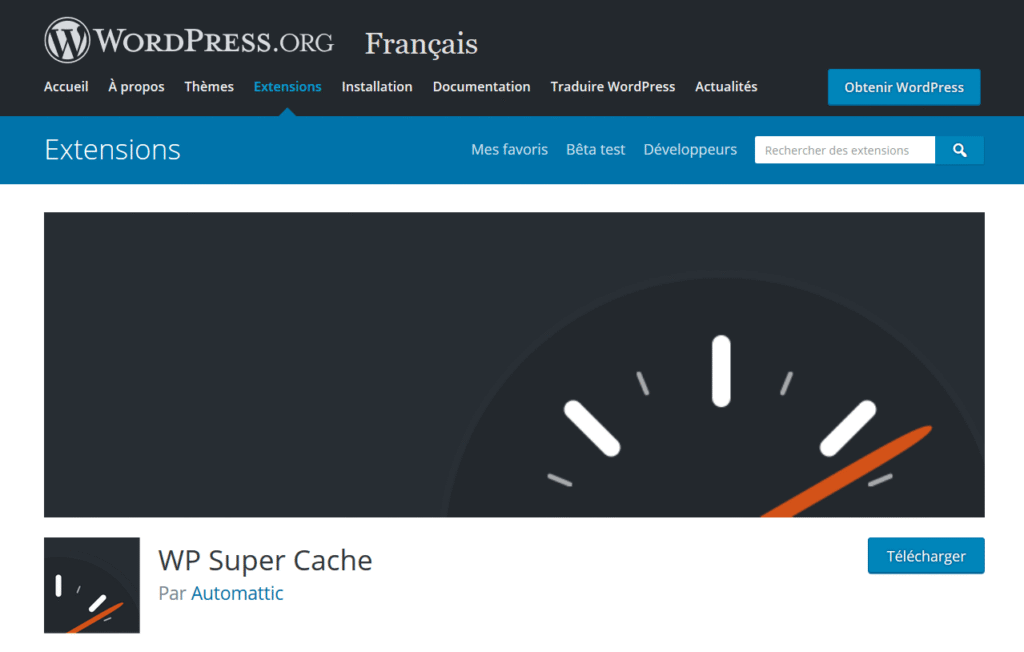 Page d'extension WP Super Cache sur WordPress.org