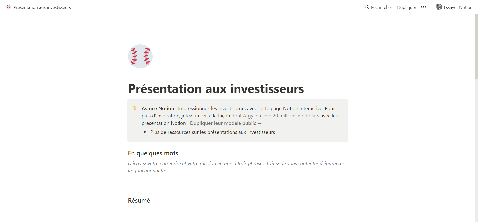 template notion présentation aux investisseurs