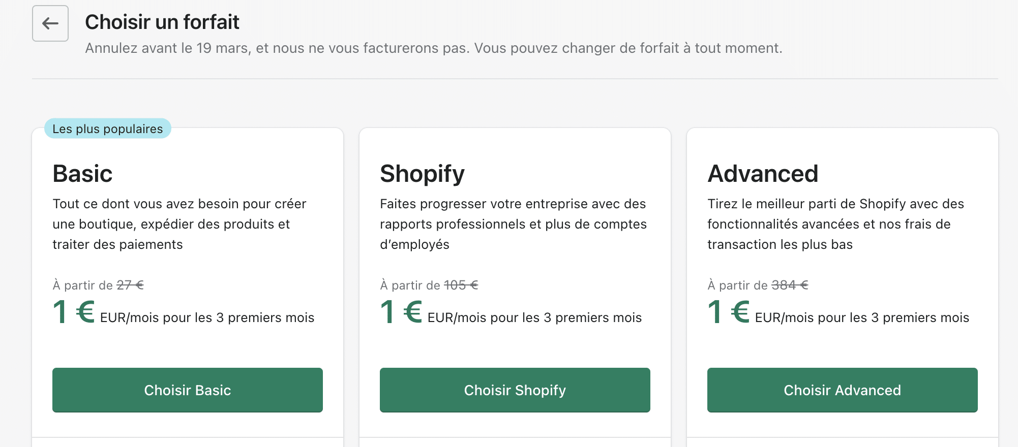 Choix forfait Shopify