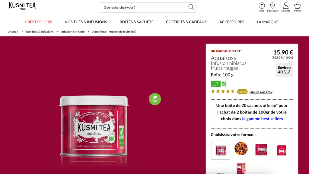 exemple page e-commerce alimentation Kusmi Tea