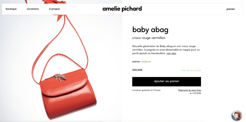 exemple page e-commerce luxe Amélie Pichard