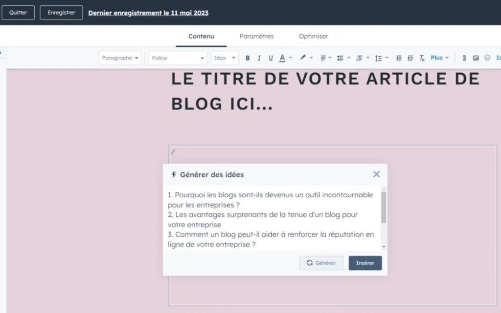 Utiliser IA marketing contenu trouver inspiration HubSpot