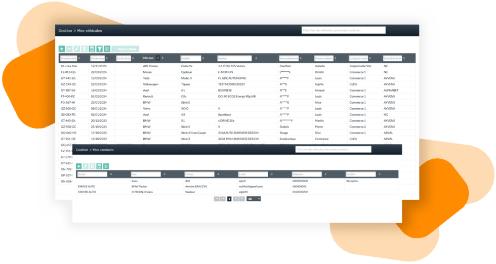 Tableau de gestion des véhicules et contacts.