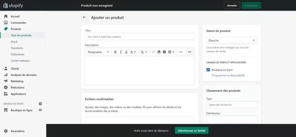 Interface d'ajout de produit Shopify