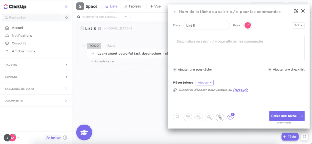 clickup avis fonctionnalites creer tache