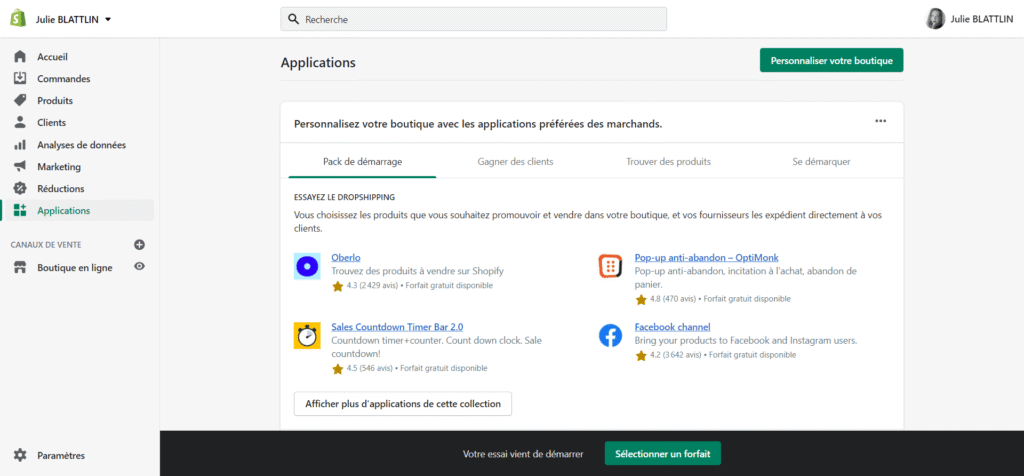 Interface d'applications Shopify pour personnaliser la boutique.