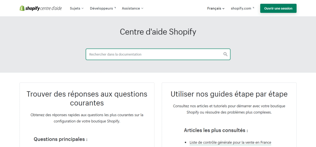 Page d'accueil du centre d'aide Shopify.