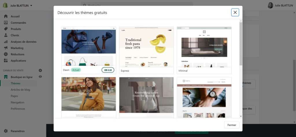 Aperçu des thèmes gratuits sur Shopify.