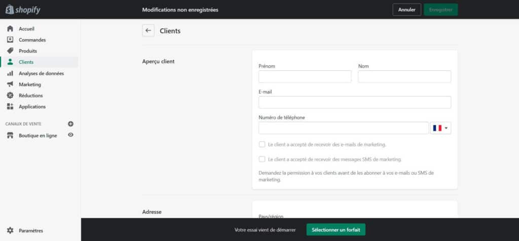 Interface gestion client sur Shopify.