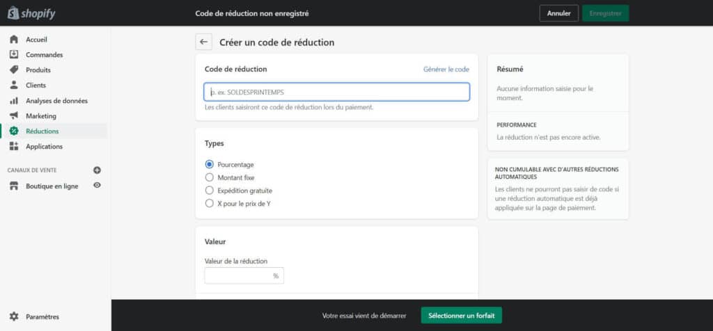 Interface création code réduction Shopify, options types réductions.