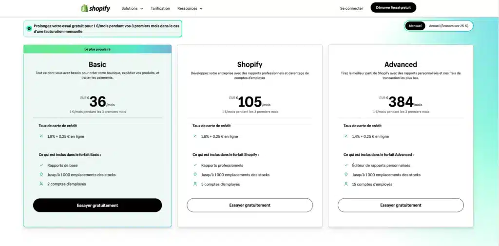 Tableau comparatif des plans tarifaires Shopify mensuels.