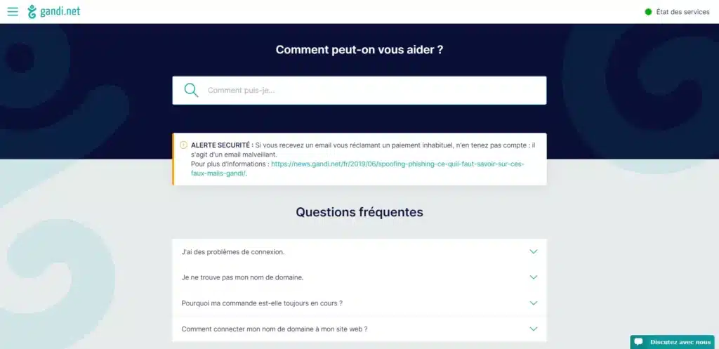 Page d'aide avec avertissement de sécurité et FAQ.