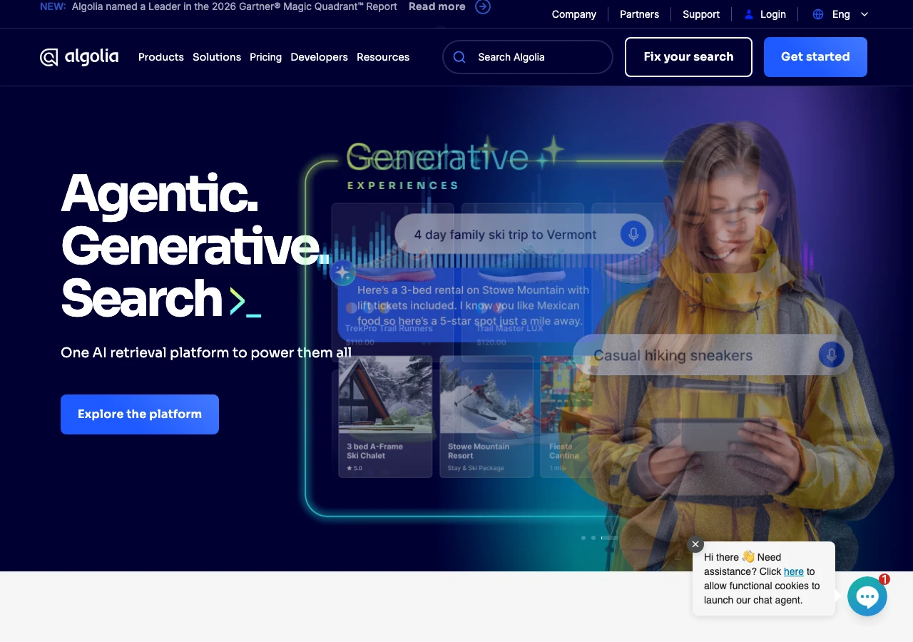 Capture du site d'Algolia en juillet 2026 : « Agentic. Generative. Search. », la plateforme de recherche interne passée à l'IA générative et à la recherche sémantique, illustrant le nouveau standard des moteurs de recherche e-commerce